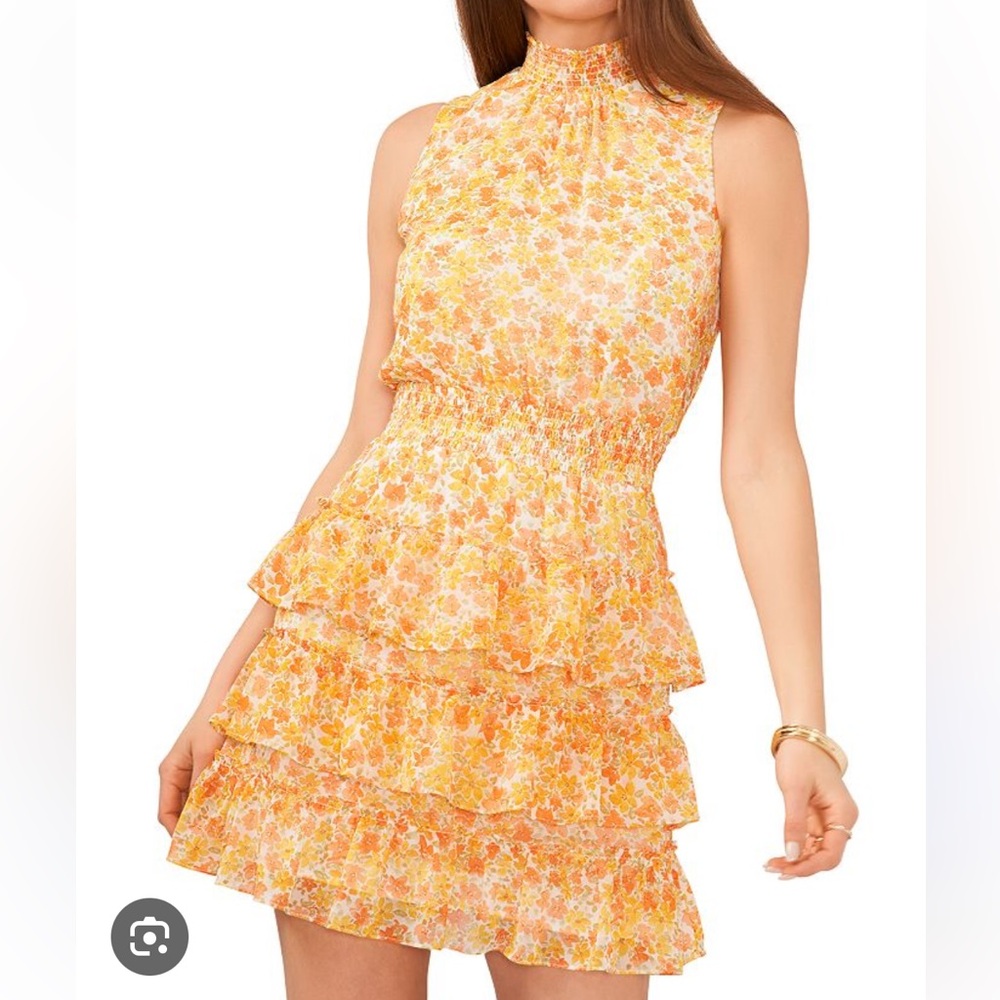NWT 1 State Mini Dress Yellow Floral Tiered Smocked Ruffle Mock Neck Chic